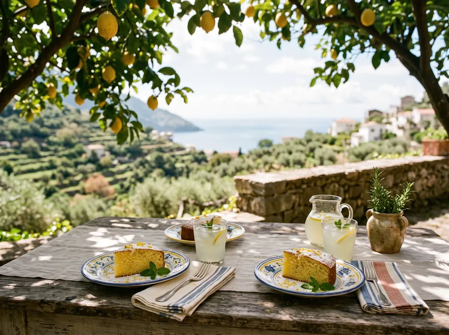 Zitronenkuchen und Limonade auf einem Tisch unter Zitronenbäumen (Symbolbild)