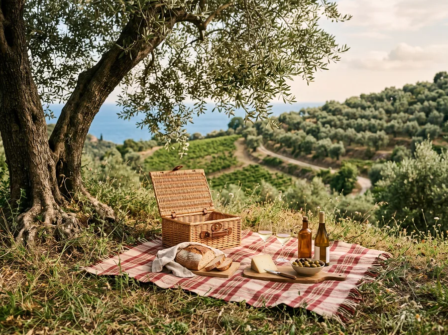 Symbolbild: Picknick im Schatten alter Olivenbäume
