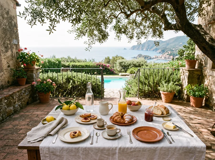 Frühstückstisch auf einer schattigen Gartenterrasse über dem Meer (Symbolbild)