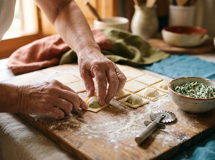 Hände formen Ravioli auf einem Holzbrett (Symbolbild)