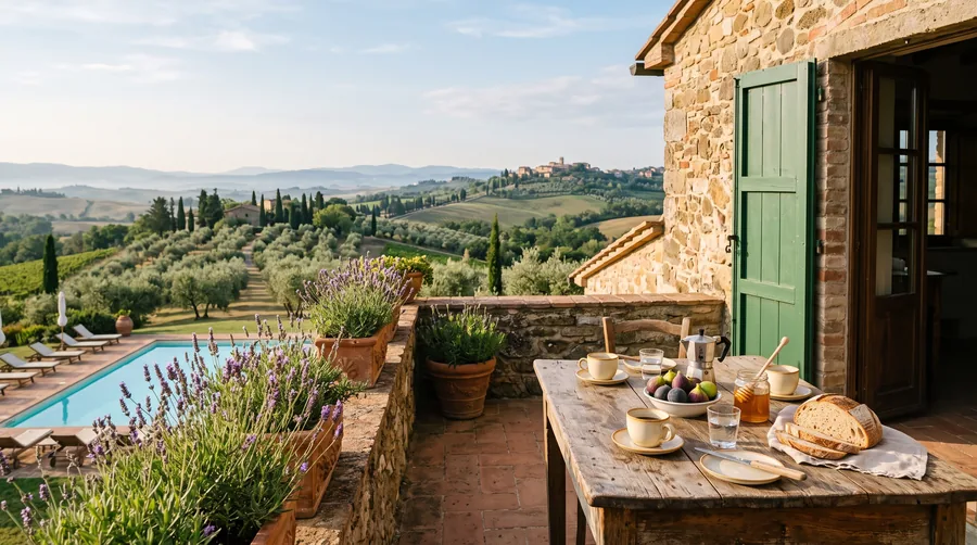 Breakfast table on the terrace of a Tuscan country house (illustrative image)