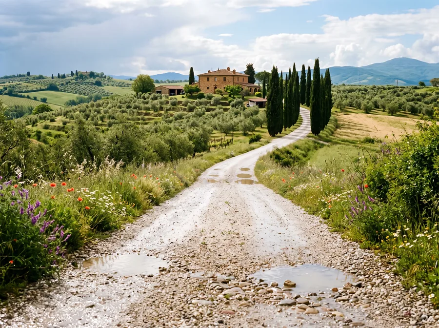 Gravel road leading to a farm among olive trees (illustrative image)