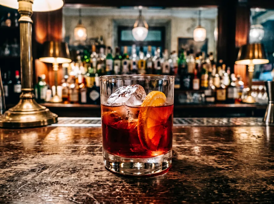 Negroni dans un tumbler sur un comptoir en bois sombre (image d’illustration)
