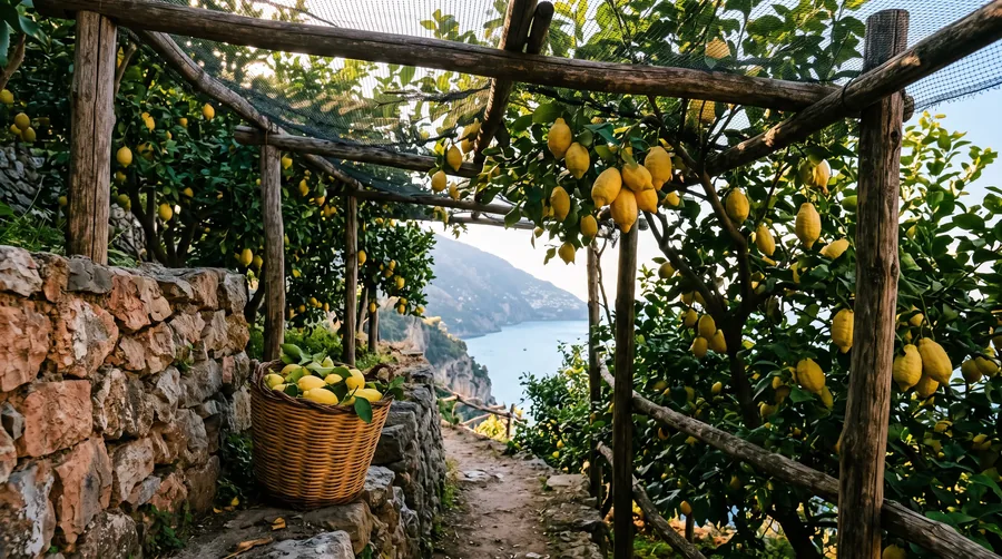 Citrons allongés sous un treillis de bois avec des filets dans un jardin en terrasses (image d’illustration)