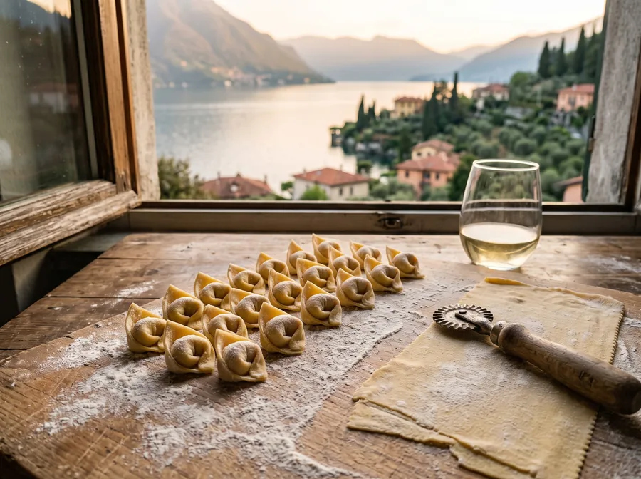 Freshly shaped tortellini on a floured board (illustrative image)