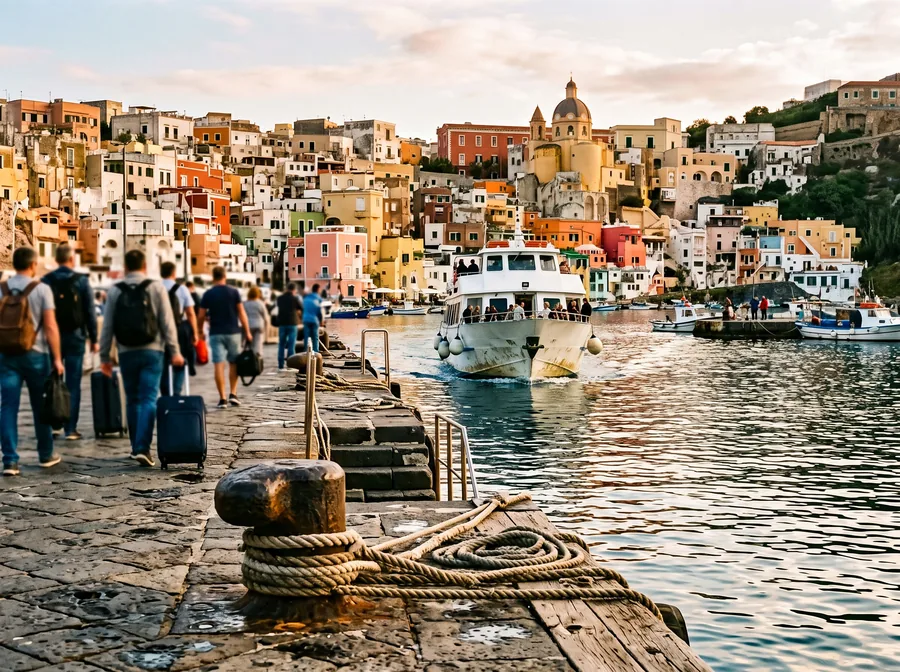 Ferry accostant dans un petit port de la côte (image d’illustration)