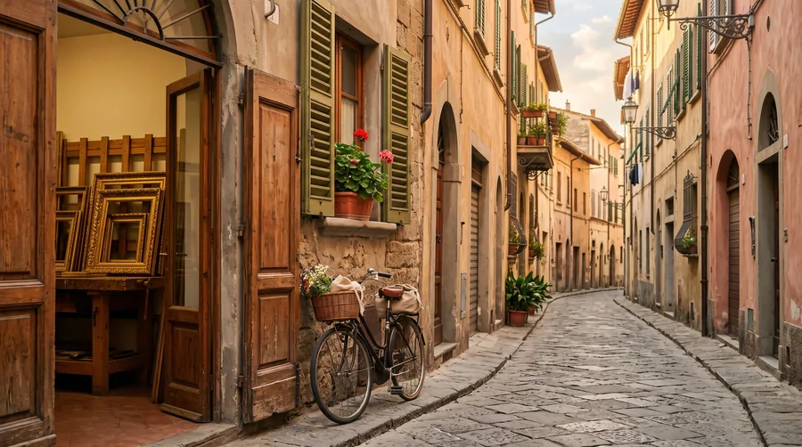 Ruelle de l’Oltrarno florentin avec porte d’atelier ouverte (image d’illustration)