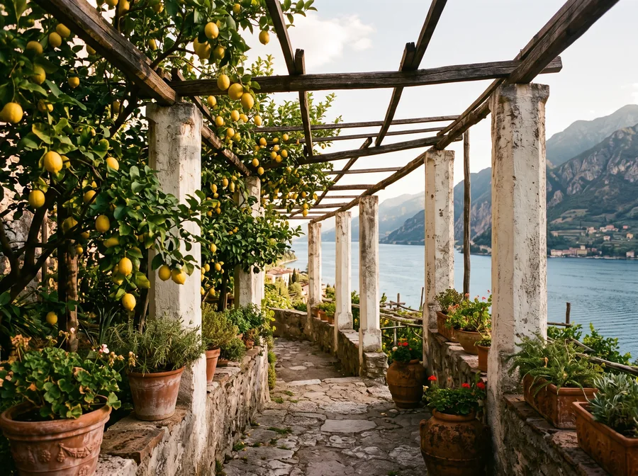 Image d’illustration : jardin de citronniers aux hauts piliers de pierre sur la rive ouest du lac de Garde