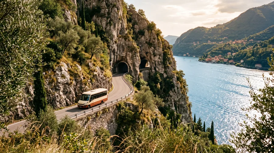 Illustrative image: bus on the lakeside road on the steep west shore of Lake Garda