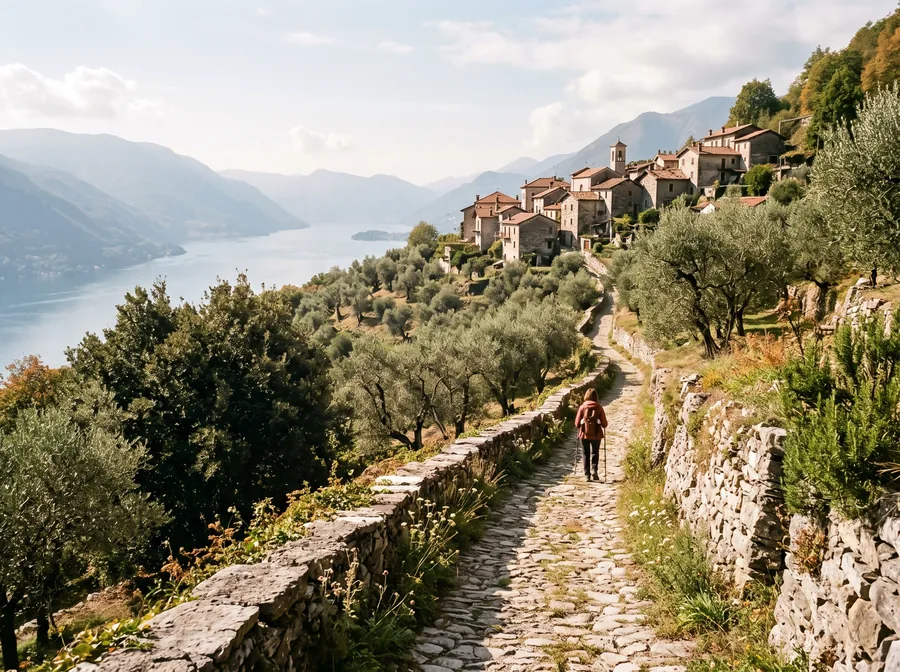 Illustrative image: mule track between dry-stone walls and olive trees high above the east shore