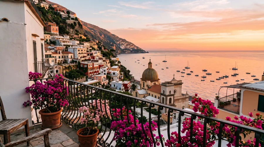 View from a hotel balcony of a steep coastal town at sunset (illustrative image)