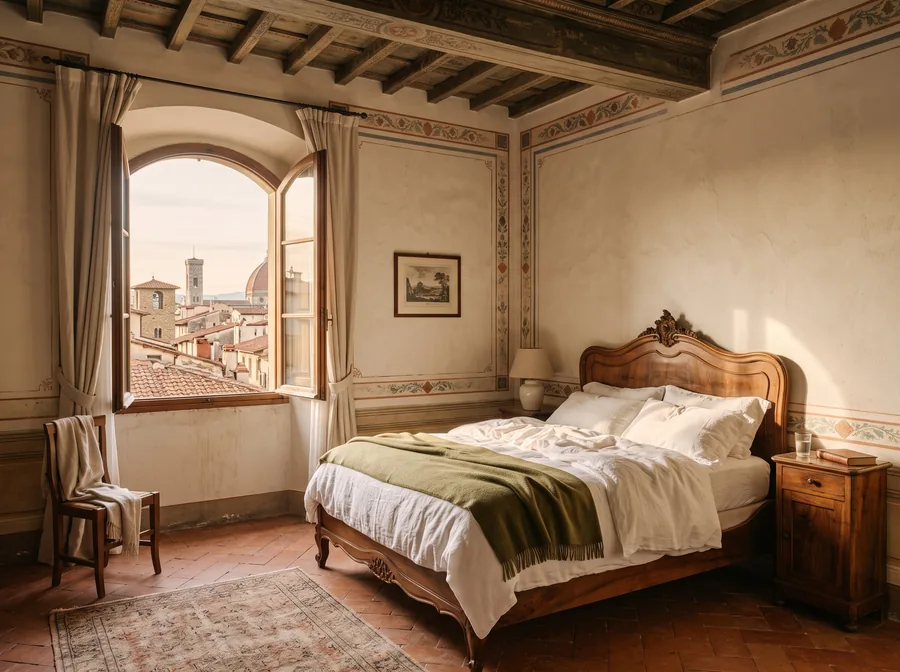 Camera in un palazzo cittadino storico con vista sui tetti (immagine illustrativa)