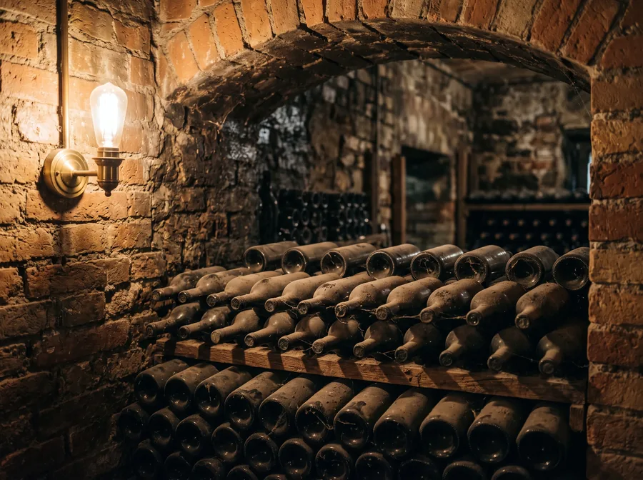 Bottiglie di vino senza etichetta in una vecchia cantina di mattoni (immagine illustrativa)