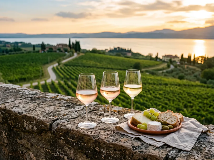 Immagine illustrativa: rosato e vino bianco su un muretto sopra i vigneti del Lago di Garda