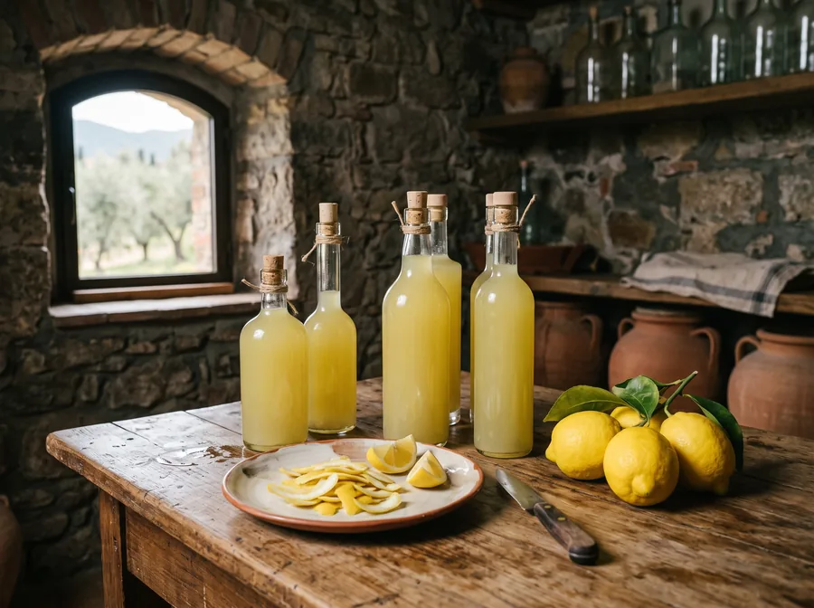 Bottiglie di liquore di limone, bucce di limone e limoni interi su un tavolo di legno (immagine illustrativa)
