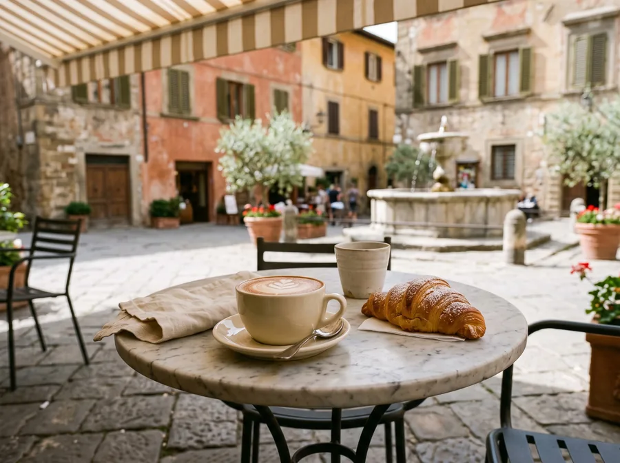 Cappuccino e cornetto su un tavolo di marmo in una piazza (immagine illustrativa)