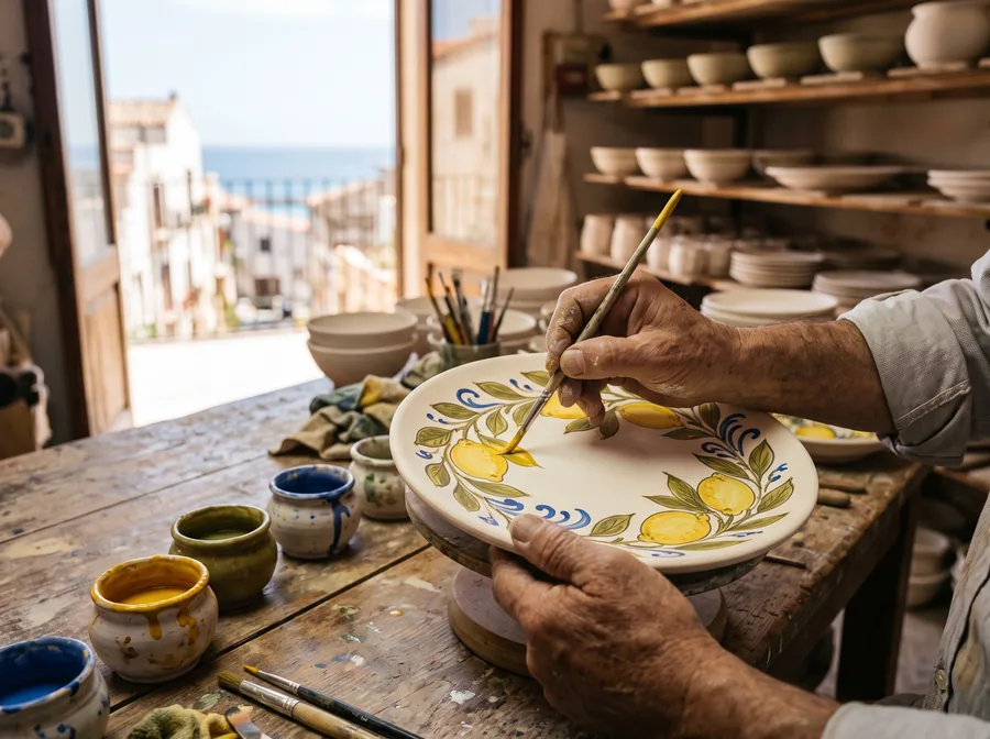 Manos pintan un plato de cerámica con un motivo de limones (imagen ilustrativa)