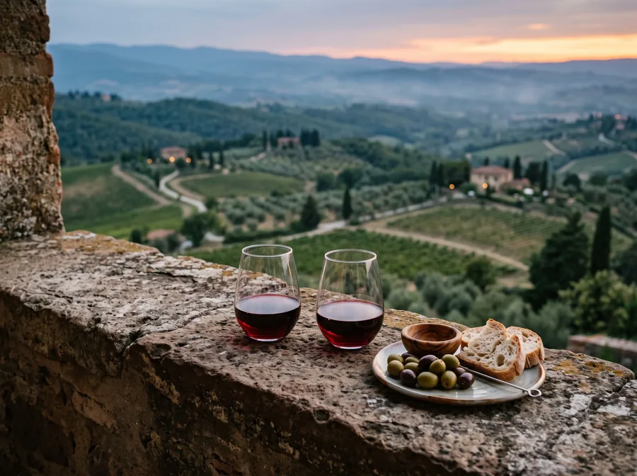 Dos copas de vino tinto sobre un muro de piedra con vistas a los viñedos al atardecer (imagen ilustrativa)