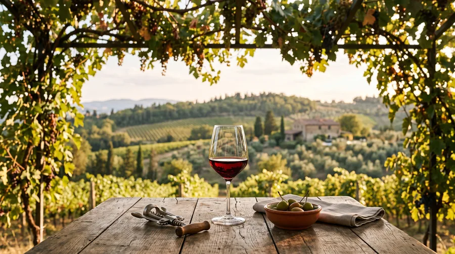 Copa de vino tinto bajo una pérgola de vid en el Chianti (imagen ilustrativa)