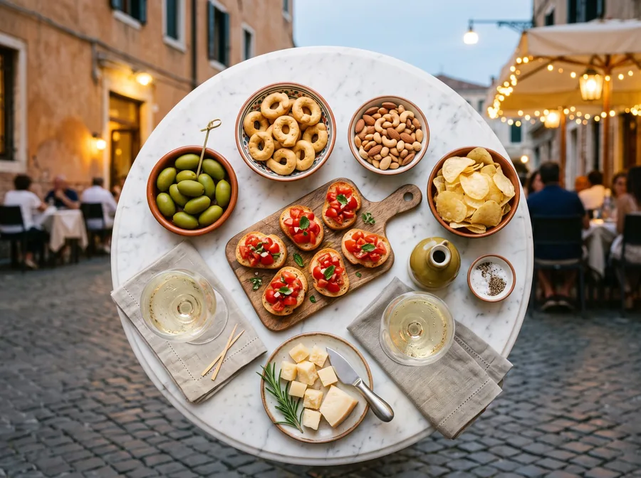 Schälchen mit Oliven, Taralli, Nüssen und Crostini zum Aperitivo (Symbolbild)