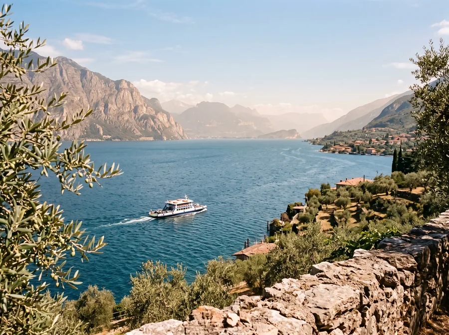 Symbolbild: Fähre auf dem Gardasee, gesehen von einem Olivenhain am Ufer
