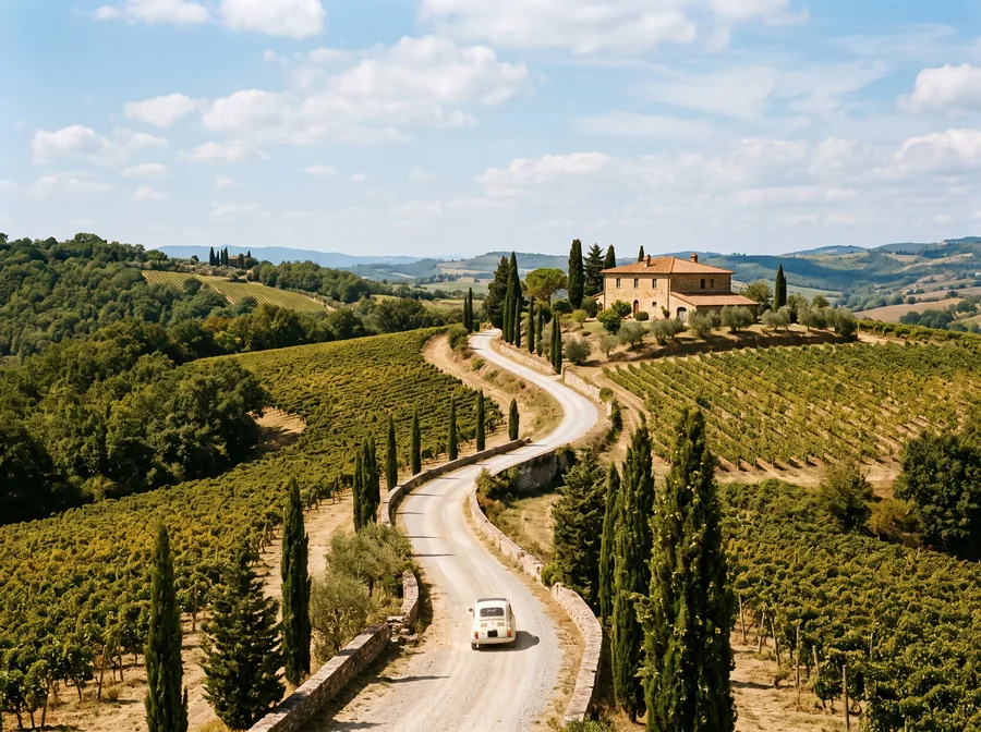Kurvige Landstraße zwischen Weinbergen im Chianti (Symbolbild)