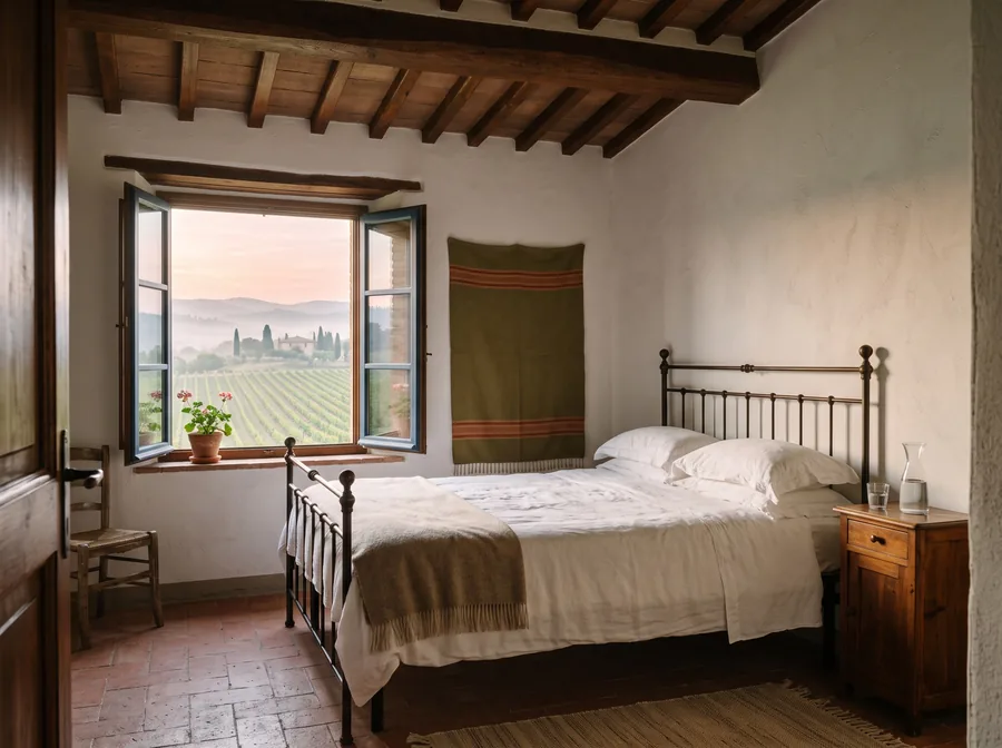 Gästezimmer in einem Landhaus mit Blick auf Weinberge (Symbolbild)