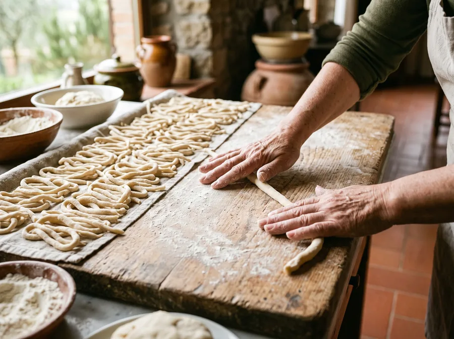 Mani che arrotolano i pici su un tagliere di legno (immagine illustrativa)