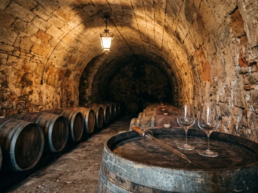 Bodega abovedada con barricas de madera (imagen ilustrativa)