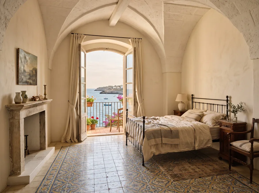 Habitación histórica con suelo de mayólica y vistas al mar (imagen ilustrativa)