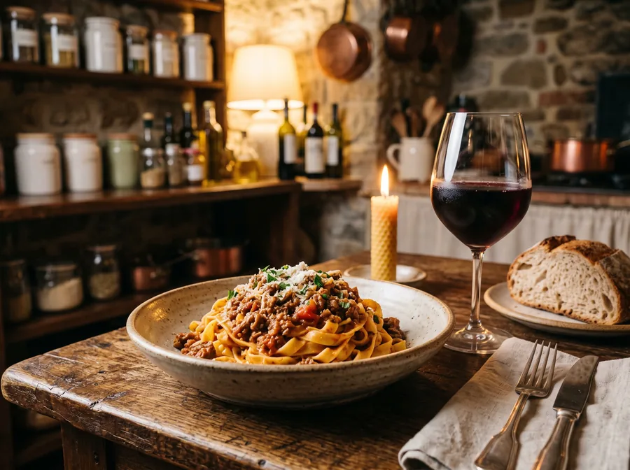 Plato de tagliatelle frescas con ragù por la noche (imagen ilustrativa)