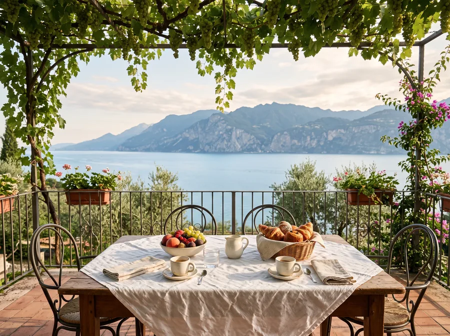 Mesa de desayuno en una terraza con vistas al lago (imagen ilustrativa)