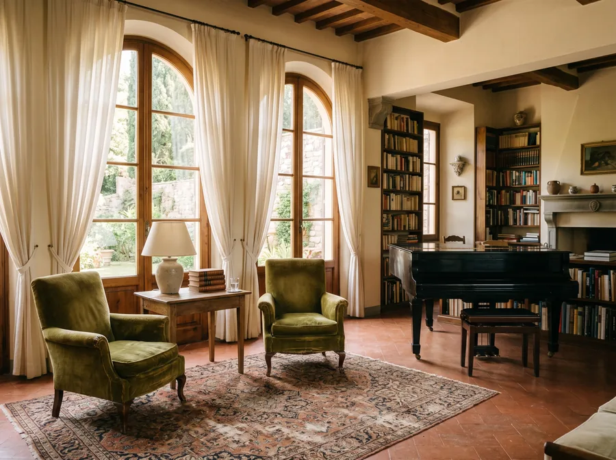 Читальный зал с роялем в историческом городском палаццо (иллюстрация)