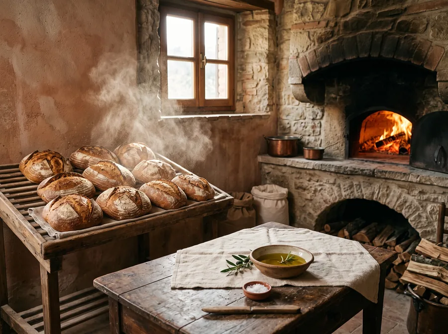 Fresh bread beside a wood-fired oven in the morning (illustrative image)