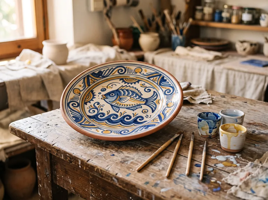 Hand-painted ceramic plate with a fish motif (illustrative image)