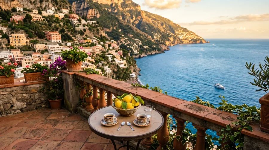 Vista desde una terraza sobre la Costa Amalfitana, con tazas de espresso y limones en primer plano
