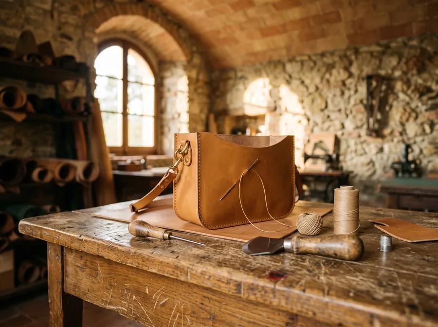 Верстак с инструментом и наполовину сшитой кожаной сумкой (иллюстрация)
